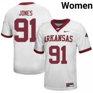 Carlon Jones #91 UA Razorbacks Jersey | Genuine White NCAA Football Women Stitch 63185302