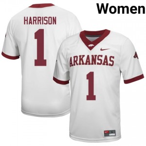 Christian Harrison #1 UA Razorbacks Jersey | Genuine White NCAA Football Women Stitch 17594843