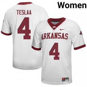 #4 Isaac TeSlaa Arkansas Razorbacks White Jersey | Officially Licensed Stitch Women University Football Gear 90430792