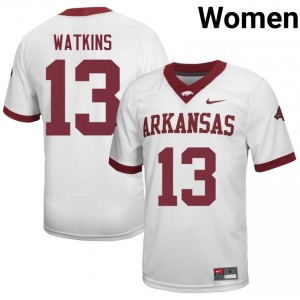 #13 Jelani Watkins Arkansas White Jersey | Officially Licensed Stitch Women University Football Gear 90275873