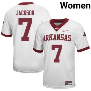 #7 KJ Jackson Arkansas White Jersey | Pro Cut Stitch Women NCAA Football Gear 47189476