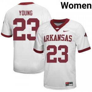 #23 Kevin Young Arkansas White Jersey | Officially Licensed Stitch Women University Football Gear 18421324