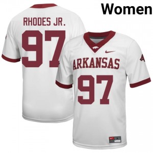 #97 Quincy Rhodes Jr. Arkansas White Jersey | Licensed Stitch Women High School Football Gear 49453706