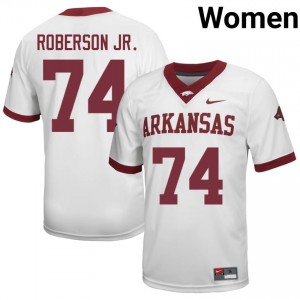 #74 Terence Roberson Jr. Arkansas White Jersey | Officially Licensed Stitch Women University Football Gear 25427749